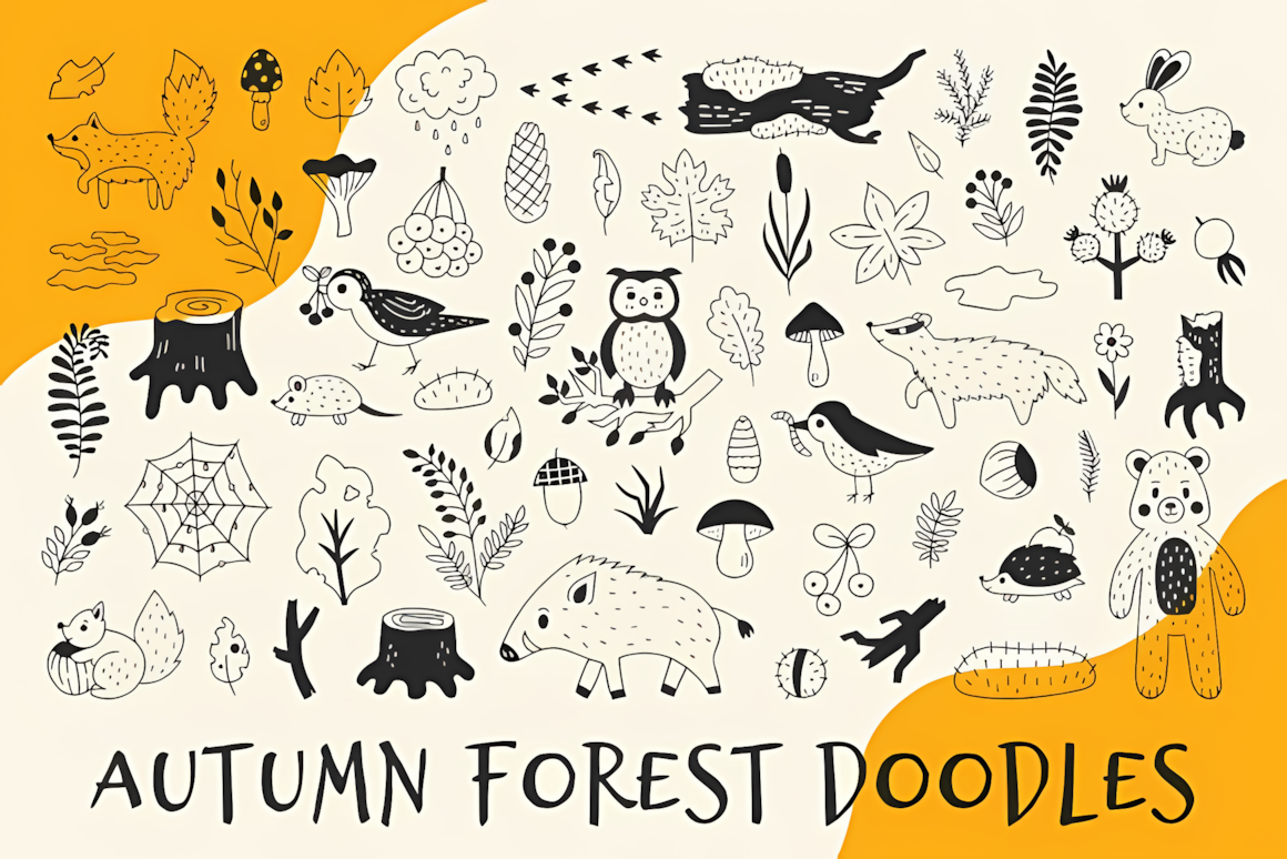 Playful autumn forest clipart doodles collection featuring fall leaves, trees, and cozy seasonal graphics.