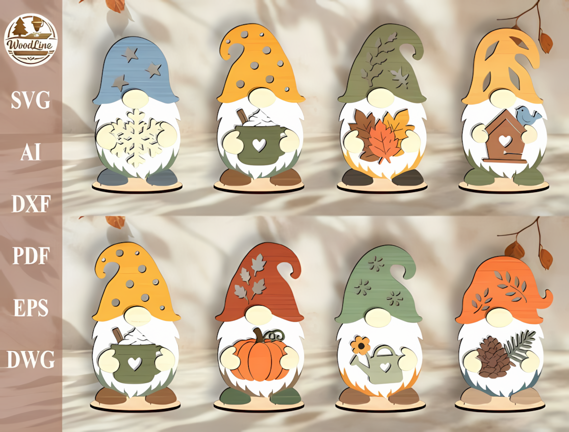 Dimensional autumn gnome cluster with 3D elements optimized for Glowforge cutting