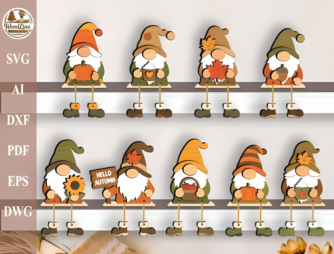 Adorable Scandinavian autumn gnome holding a tiny sunflower, cut from stacked acrylic and wood