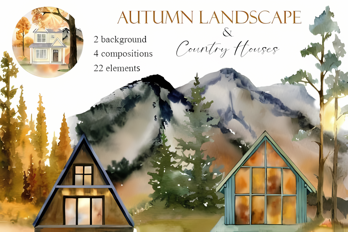 Detailed autumn landscape png scene creator set with fall forest backgrounds, country houses, and trees.