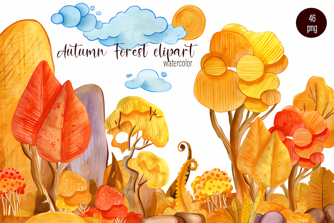 Scenic autumn landscape png watercolor set featuring golden trees and peaceful fall forest scenery.