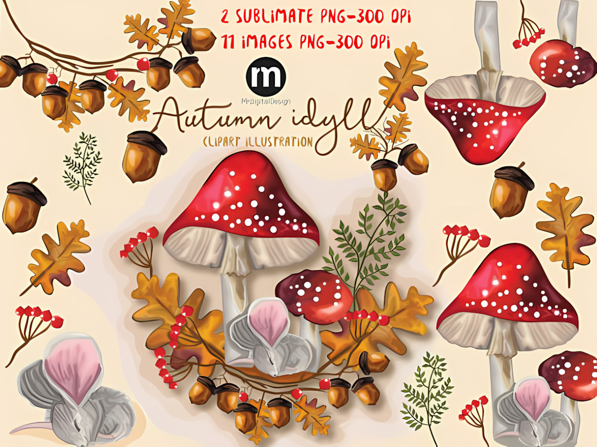 Vibrant autumn mushroom clipart png set with fall leaves and forest greenery elements for crafts.