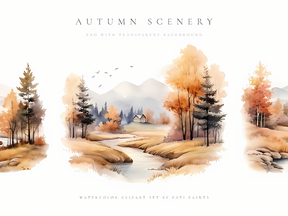 Peaceful watercolor fall forest clipart landscape collection with autumnal trees and nature background.