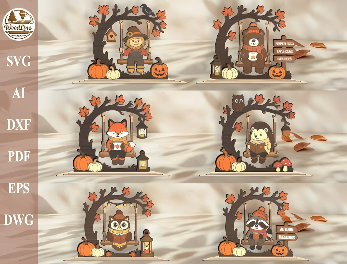 Whimsical woodland animals on a swinging tree branch crafted as an interactive autumn shelf sitter