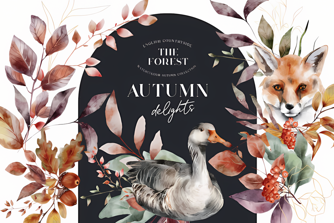 Elegant watercolor fall forest clipart arrangements with autumn birds, deer, and golden botanical elements.