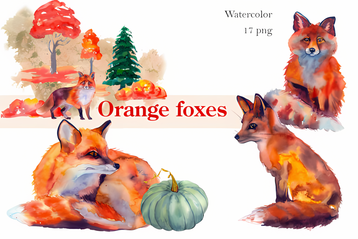 Cute autumn woodland animals clipart fox illustration with watercolor fall foliage and botanical accents.