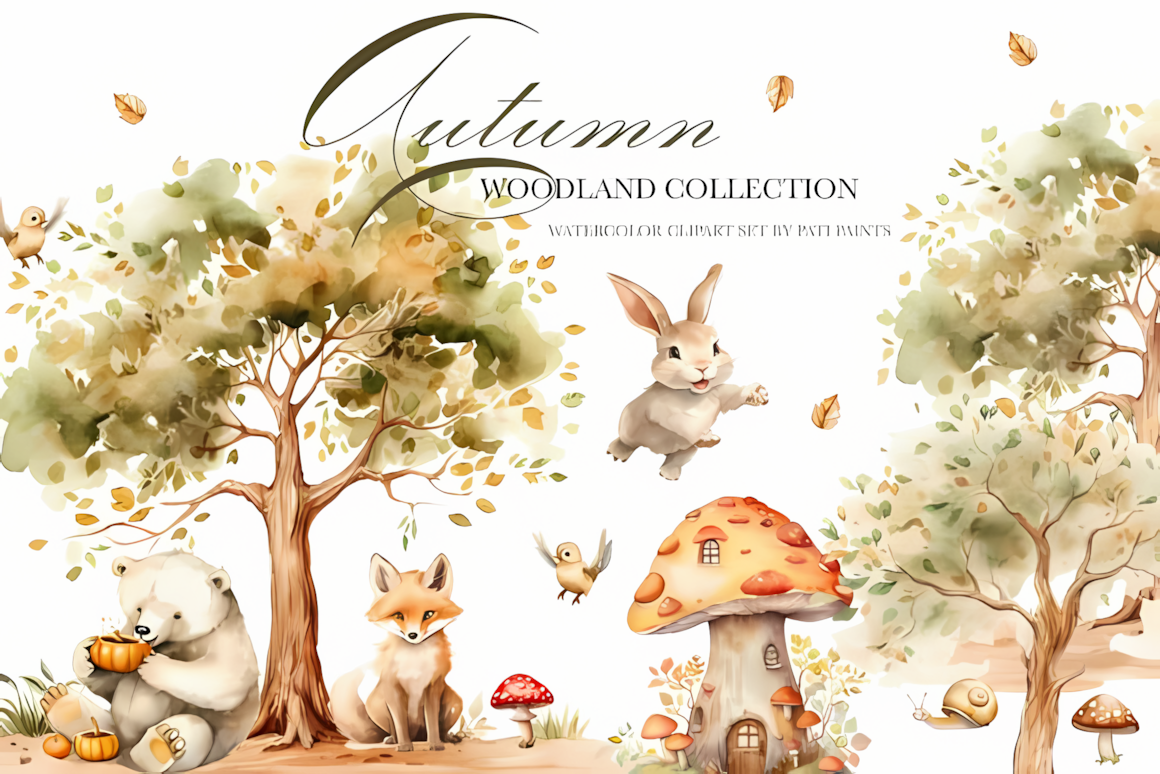 Cute autumn woodland animals clipart png set featuring a watercolor fox and deer on transparent background.