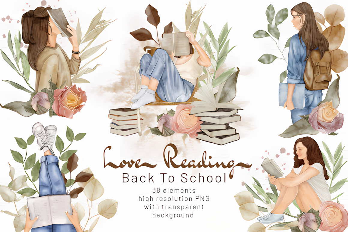 Autumn school girl clipart illustration reading books surrounded by cozy fall foliage