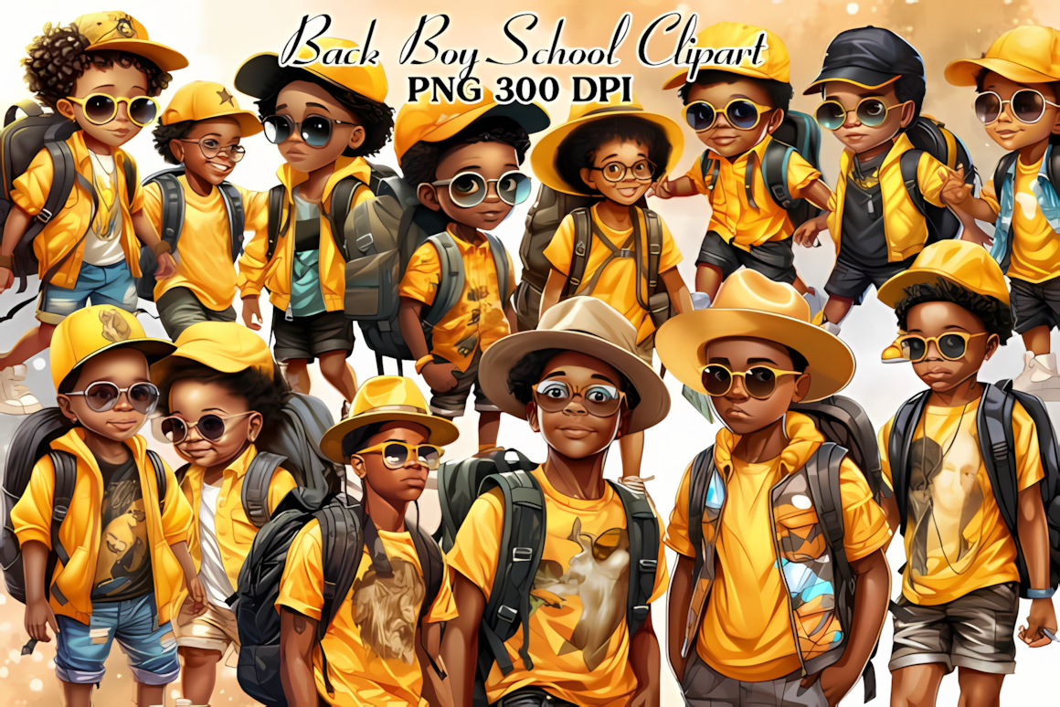 Back to school black boy clipart PNG set with various outfits and academic accessories