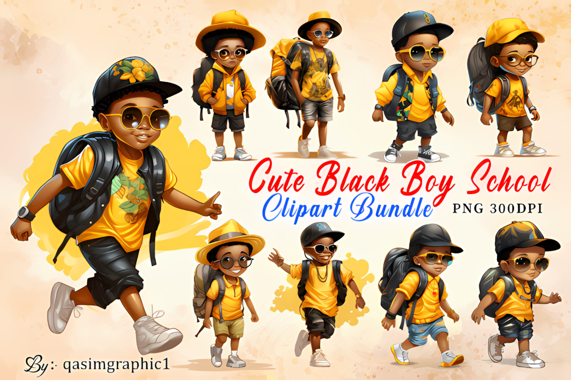 Back to school black boy PNG bundle with stylish outfits, sports balls, and books
