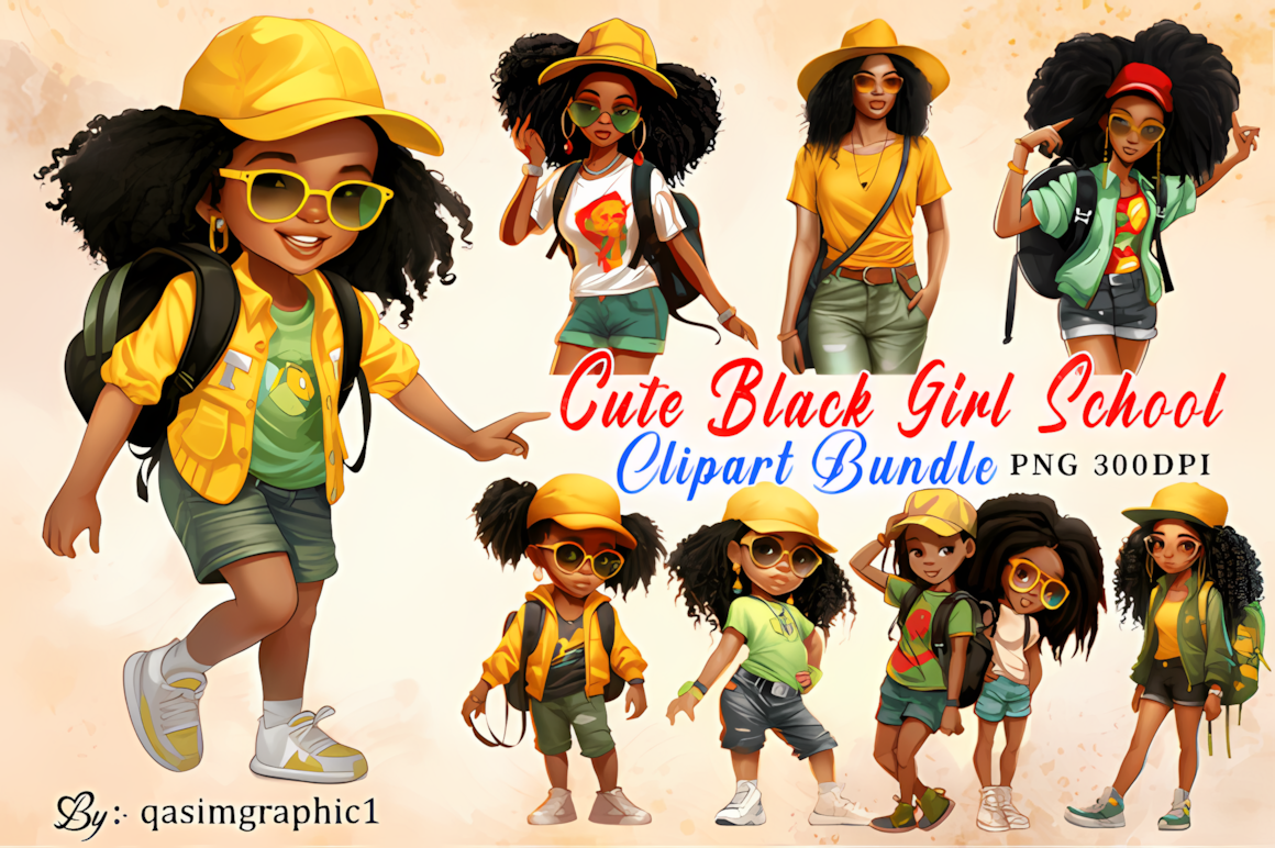 Watercolor African American girl clipart collection carrying a backpack and school books