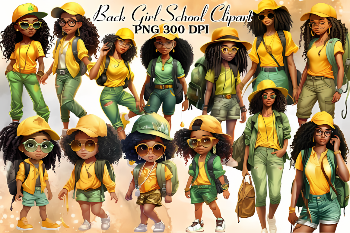 Back to school African American girl clipart bundle with cute outfits and school supplies