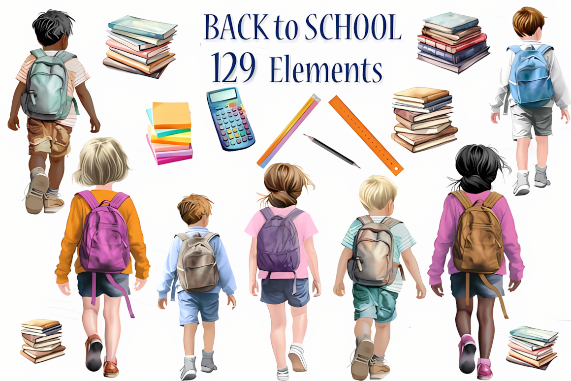 Back to school boys and girls clipart bundle featuring diverse happy elementary students