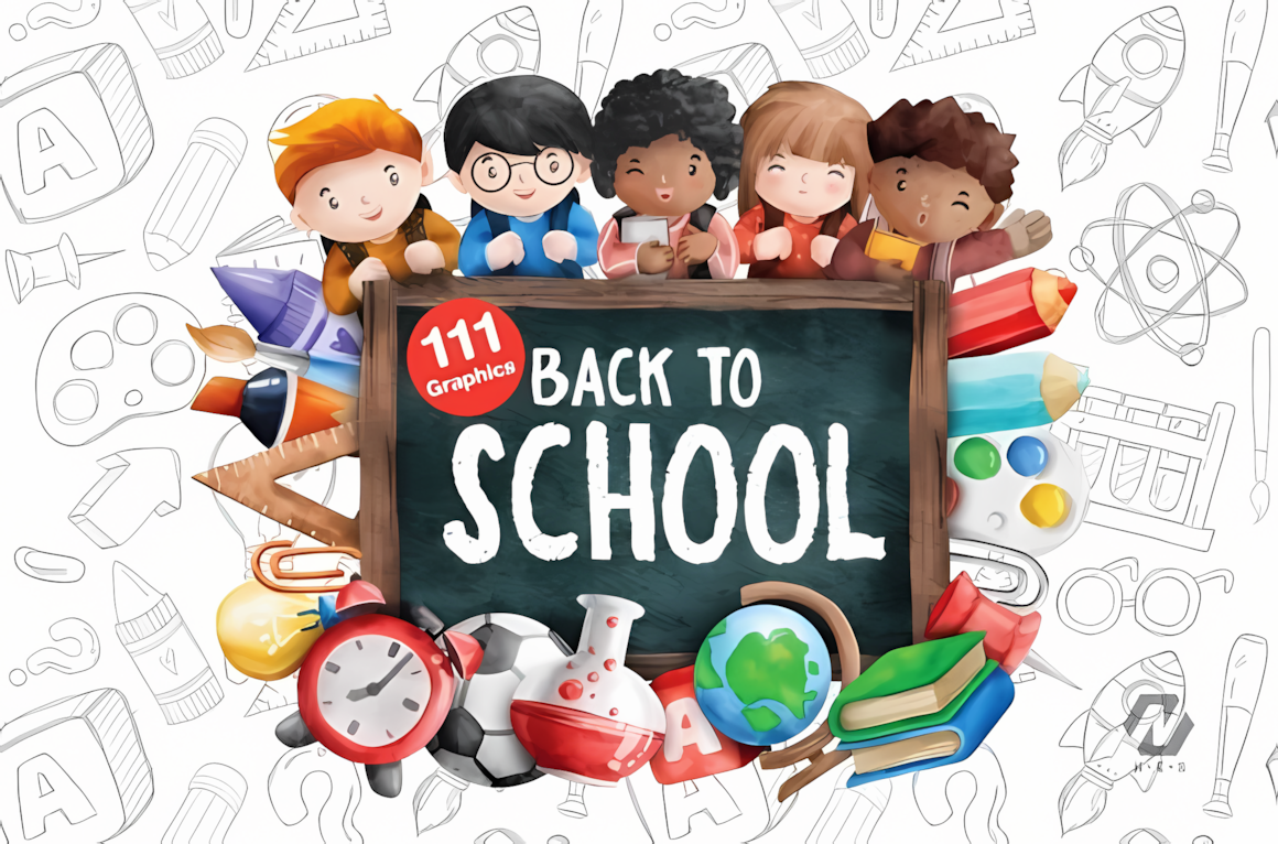 Colorful back to school cartoon clipart bundle with students, stationery, and classroom elements