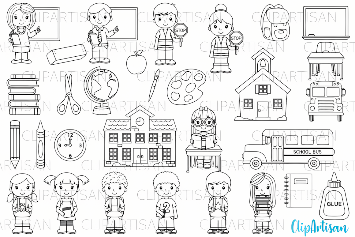 Back to school classroom clip art pack including chalkboard, desk, globe, and students