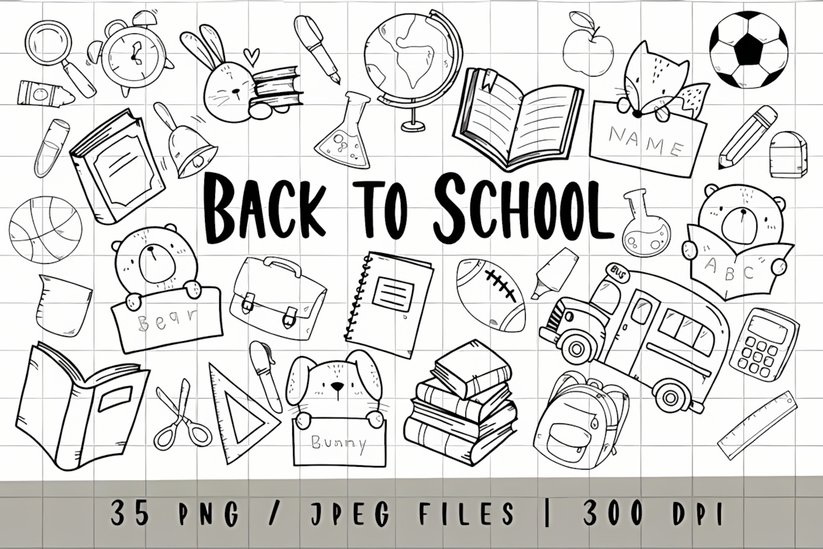 Hand drawn back to school clipart set with bus, books, and classroom labels