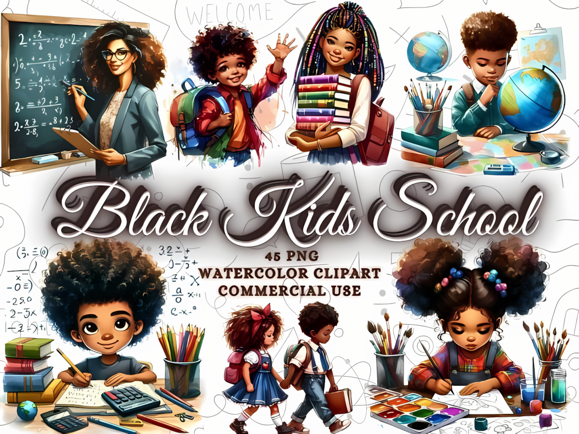 African American female teacher clipart set with students in a classroom setting
