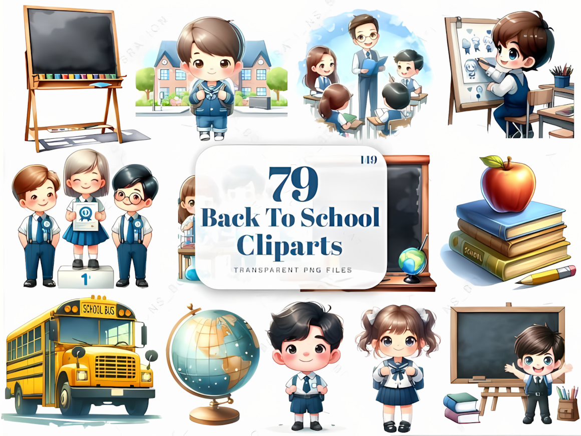 Educational back to school clipart PNG elements featuring kids, books, and chalkboards