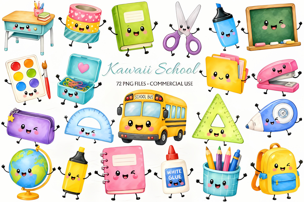 Kawaii kids back to school clipart PNG featuring cute student characters