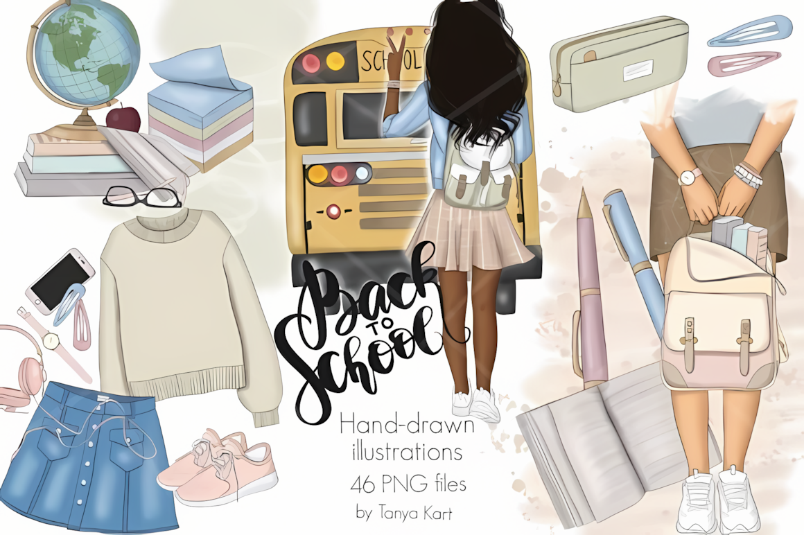 Back to school graphic elements set with matching seamless patterns for educational designs