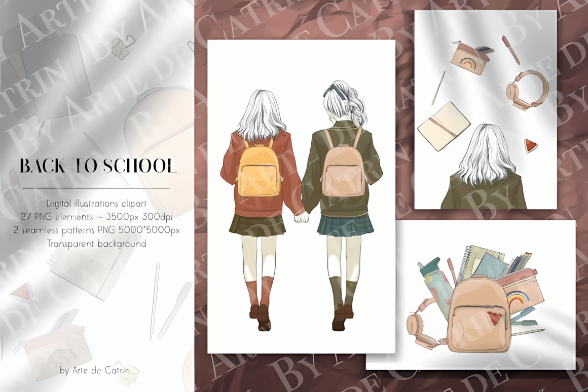 Cute school girls clipart collection in playful poses with books and school supplies