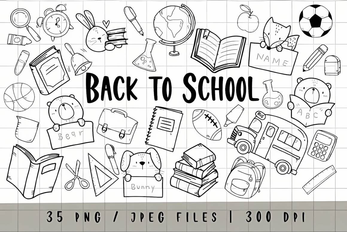 Back to school stationery clipart PNG set with notebooks and desk tools