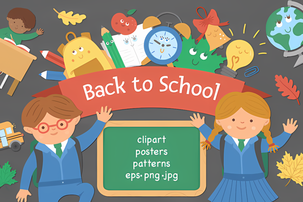Comprehensive back to school graphics collection featuring children, stationery, and decor