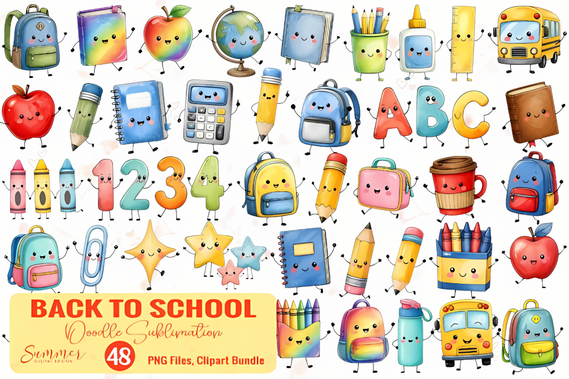 Back to school doodle clipart PNG set with sketchy hand drawn lines