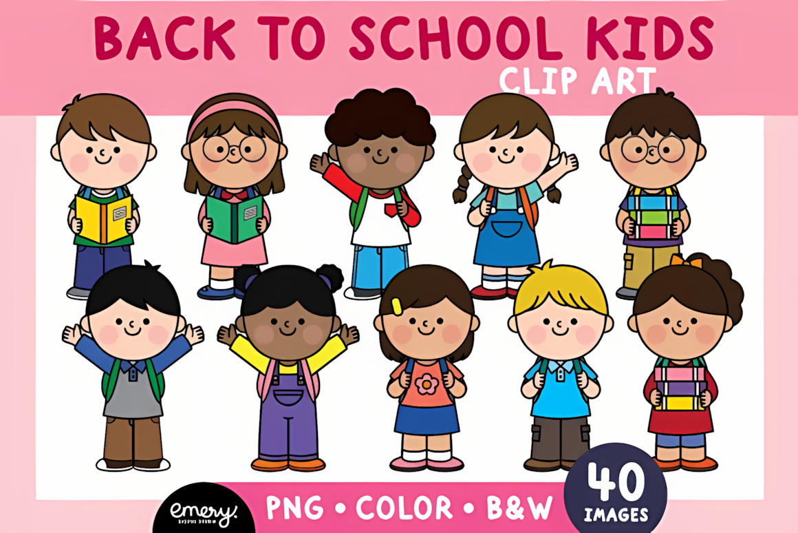 Happy back to school kids clip art set depicting smiling children on their first day