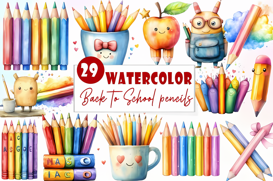Back to school pencils clipart set with colorful lead and colored pencil graphics