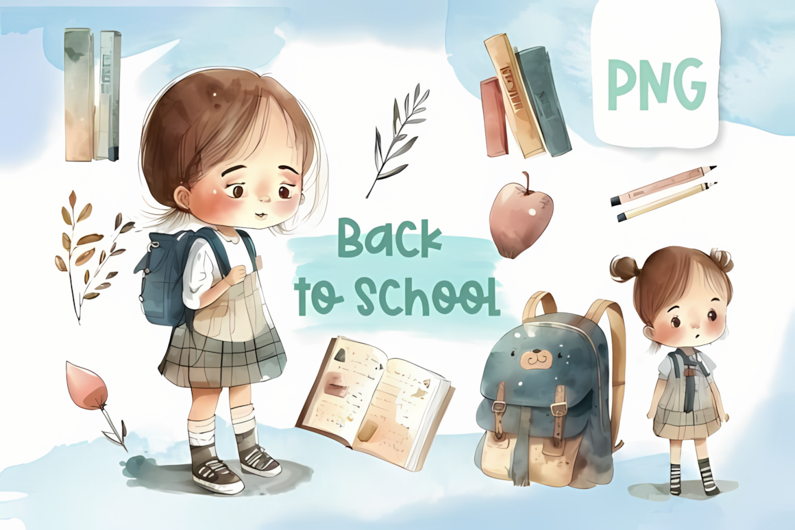 Cute girl back to school PNG clipart illustration holding an apple and a textbook