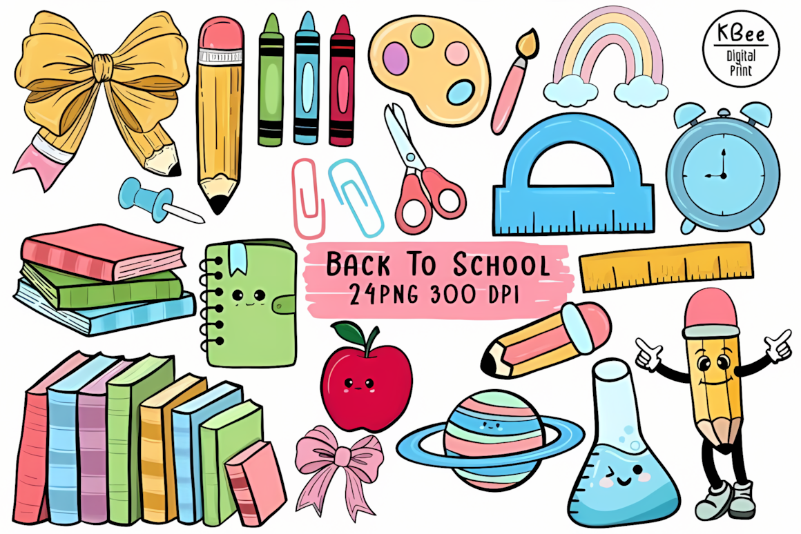Retro back to school clipart featuring vintage school supplies and groovy design elements