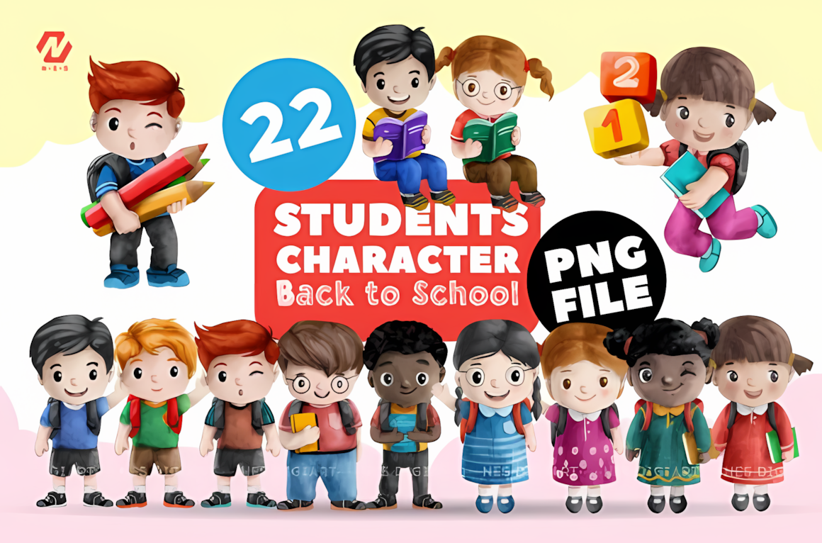 Back to school student clipart bundle with boys and girls carrying books and supplies