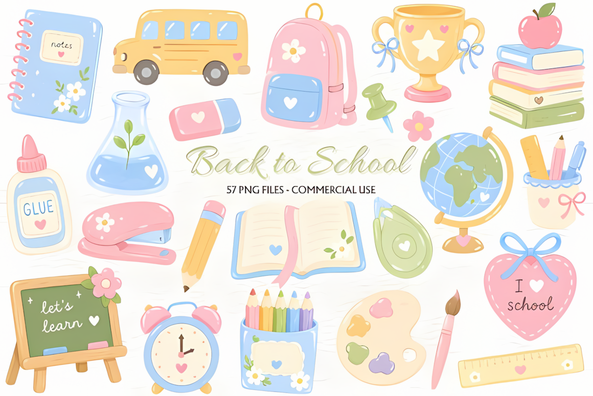 Nursery style back to school supplies clipart set with soft pastel tones