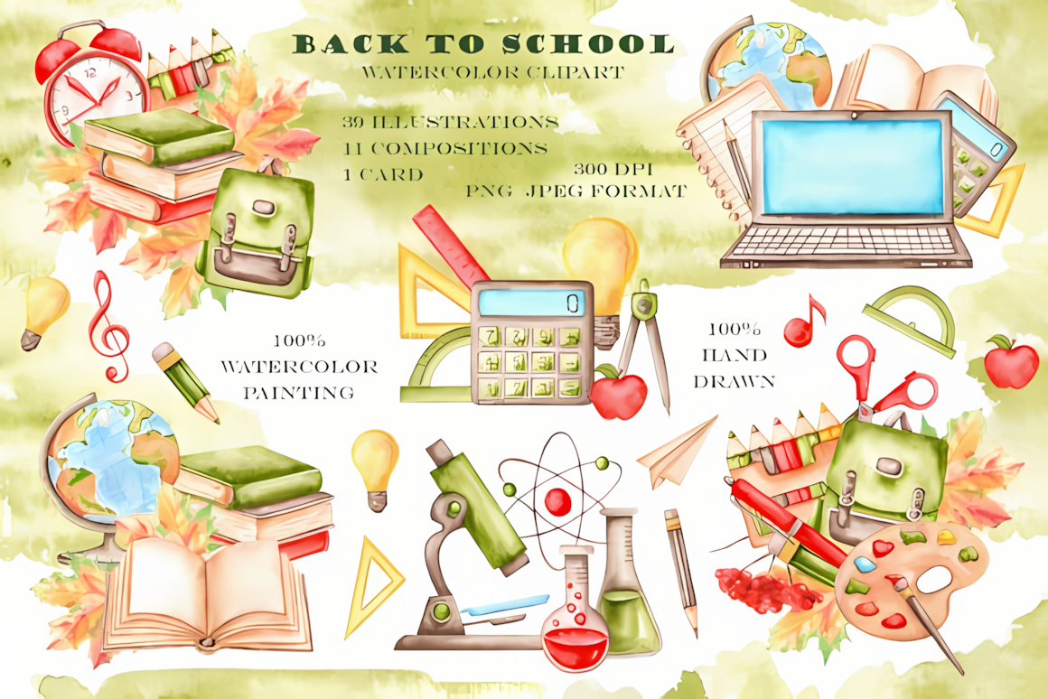Watercolor back to school books and reading clipart elements
