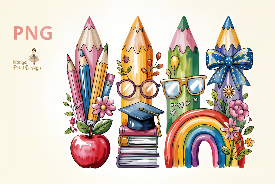 Watercolor back to school pencil set featuring bright colored pencils, bows, and rainbows