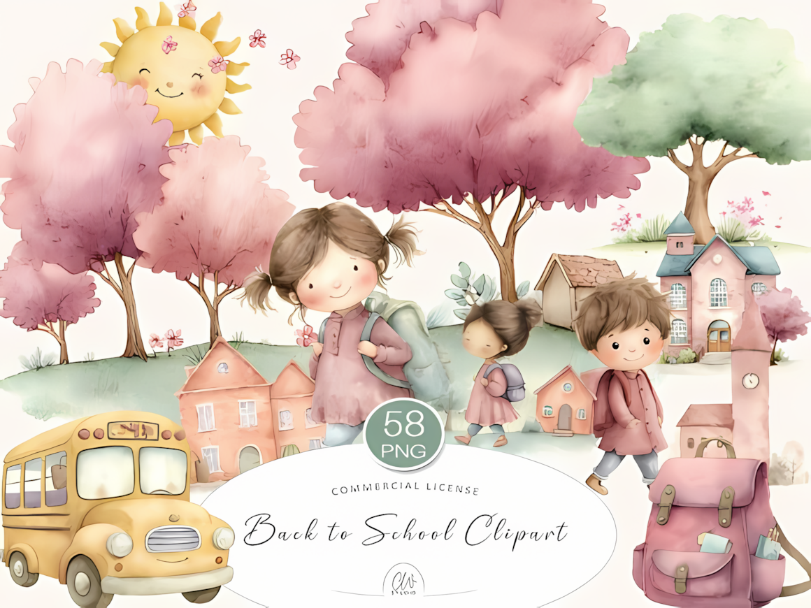 Soft watercolor back to school graphics set with children, backpacks, and stationery