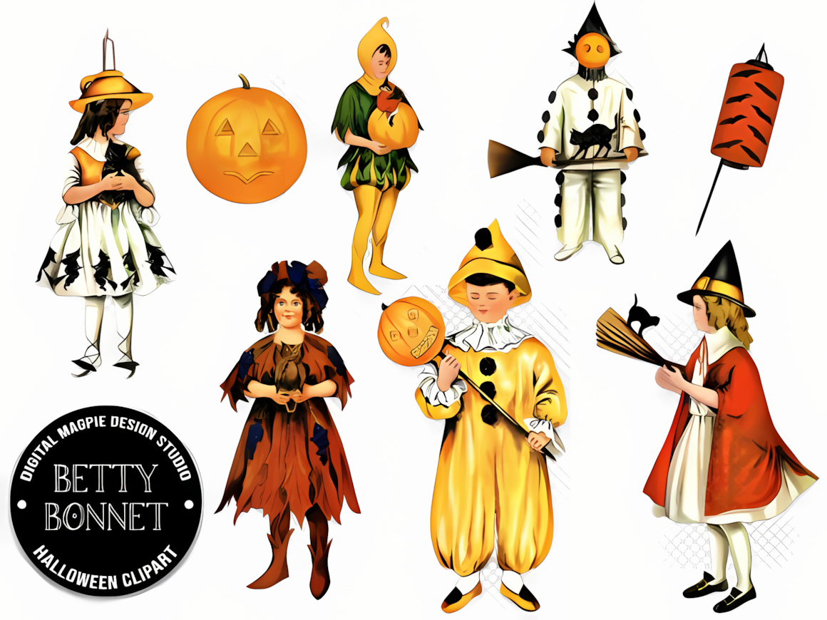 Betty Bonnet style vintage Halloween clipart featuring a girl in a festive bonnet