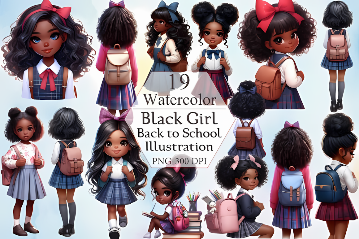 African American school girl illustration holding a notebook on a transparent background