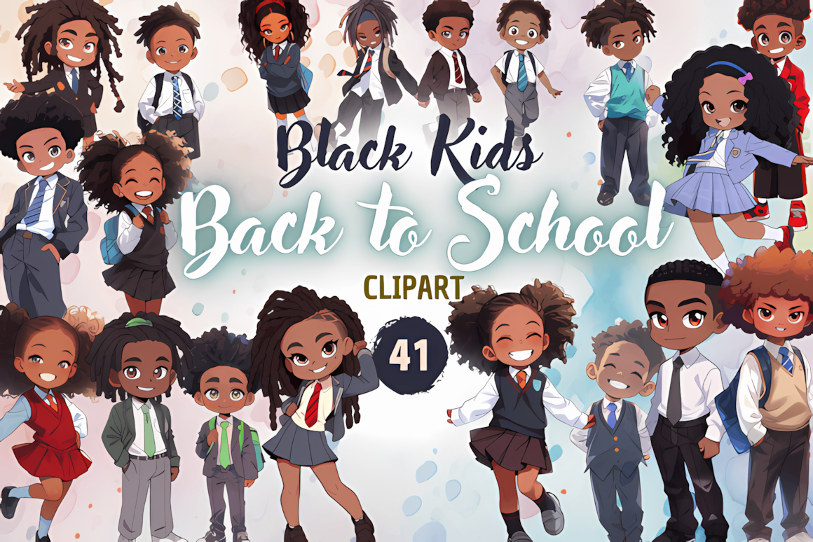 Black kids back to school clipart set featuring smiling boys and girls in stylish school uniforms