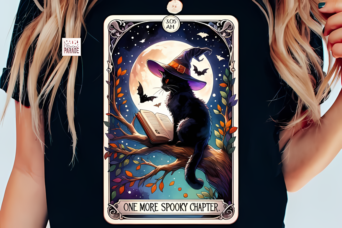 Cat book tarot card PNG featuring a cute black cat reading past bedtime for Halloween crafts