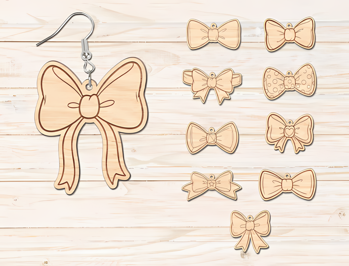 Bowtie laser cut christmas earrings crafted from natural wood with ribbon details