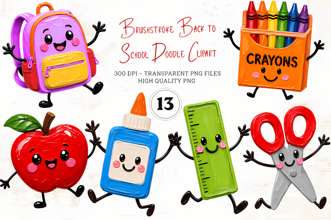 Brushstroke back to school doodle PNG set with artistic painted textures