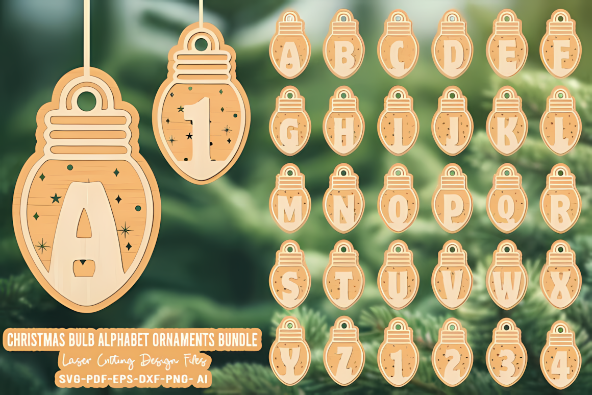 Classic Christmas alphabet ornament laser cut file for personalized wooden ornaments
