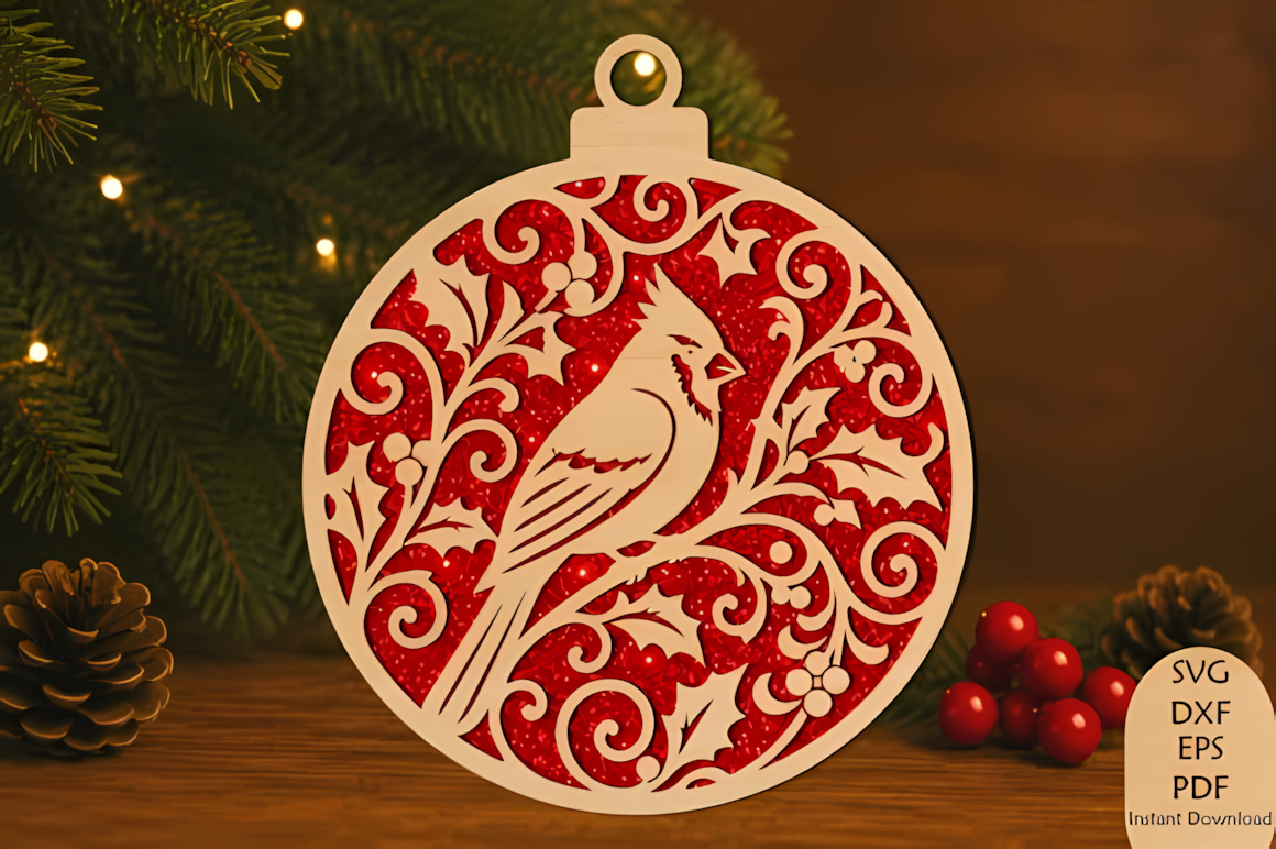 Cardinal bird Christmas ornament laser cut SVG for 3D layered wooden tree hangers