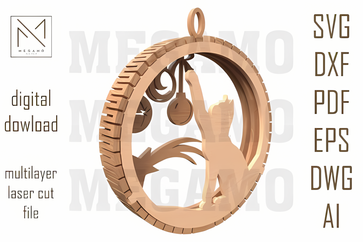 Cat Christmas ornament SVG vector template for 3D laser cut wooden tree decor