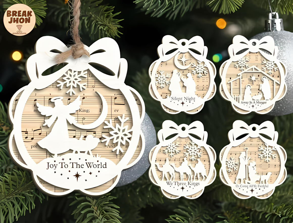 Christian Christmas ornament SVG template featuring layered religious nativity scene