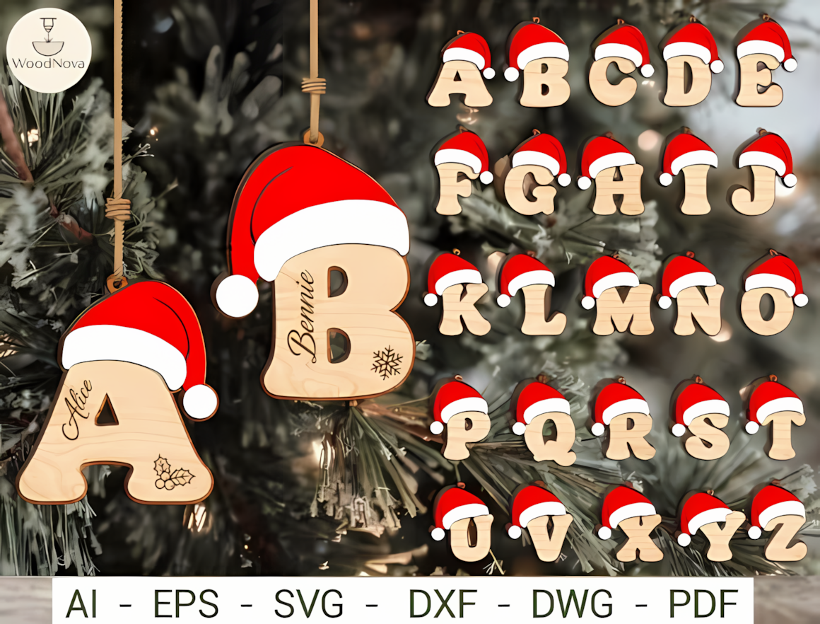 Round letter personalized Christmas ornament SVG file with holly accent