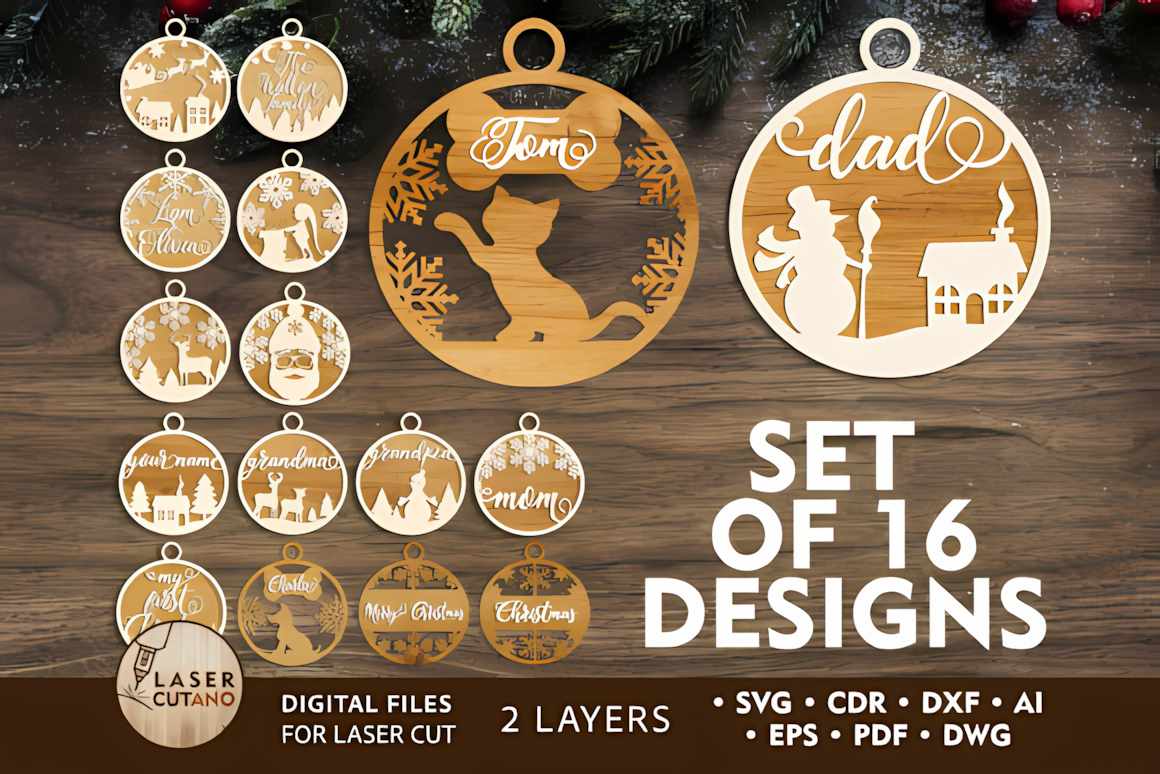Multilayer Christmas baubles bundle SVG files for laser cutting and CNC routers