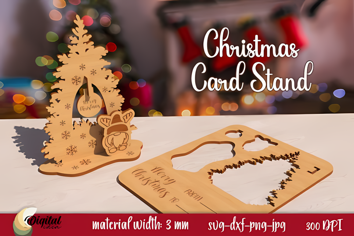 Christmas card stand laser cut pattern mockup